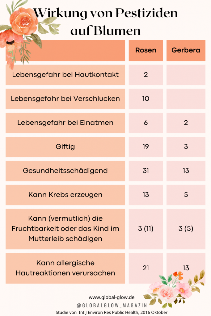 Die Infografik zeigt, die Wirkung von den auf Blumen nachgewiesenen Pestiziden auf die menschliche Gesundheit. So herrscht bei 2 ,auf Rosen nachgewiesenen, Pestizid Wirkstoffen Lebensgefahr bei Hautkontakt.